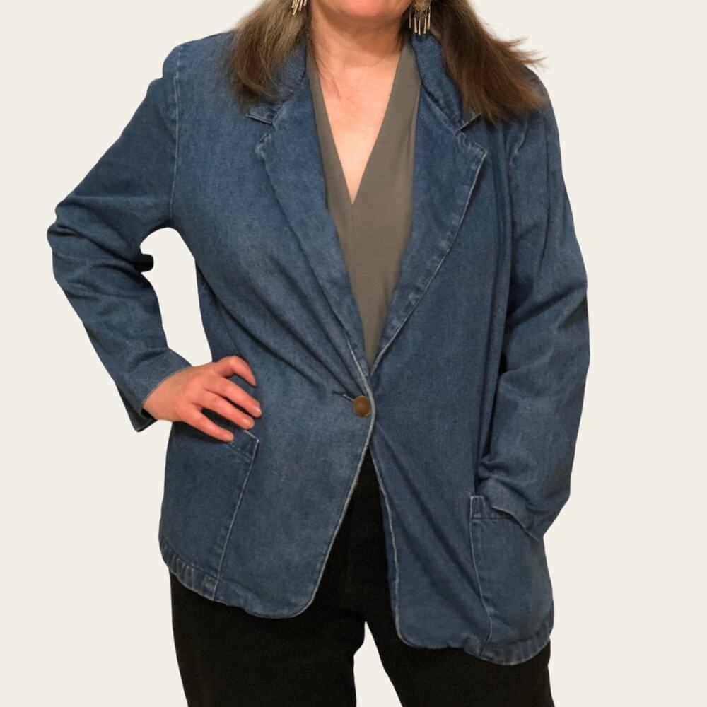 Denim Blazer Vintage Single Button Retro Western Office Blue Large Cotton - Picture 3 of 10